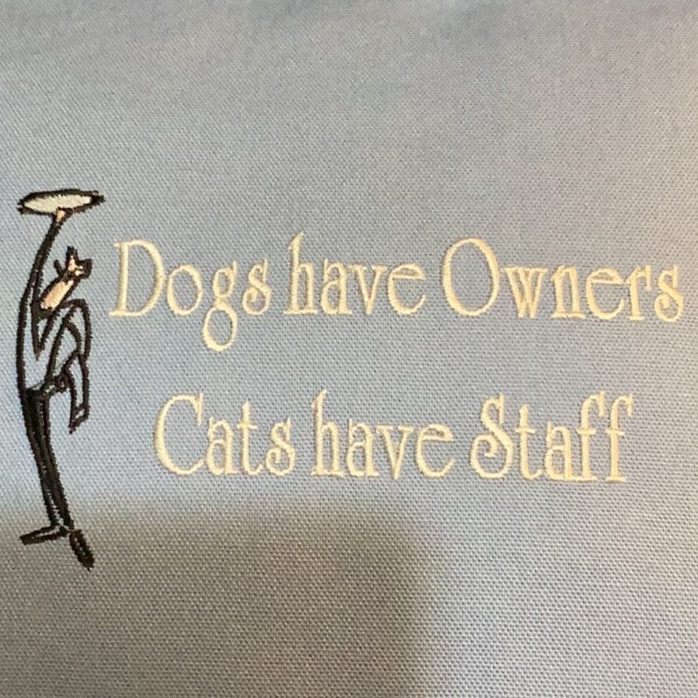 “Cat” pillow trimmed in white with “Dogs have Owners” “Cats have Staff”. - Picture 3 of 4